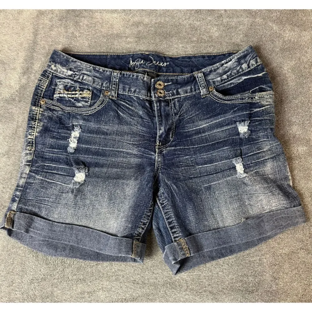 Angels Jeans Blue Distressed Cuffed Denim Shorts Size 15/16 Stretch Mid Rise